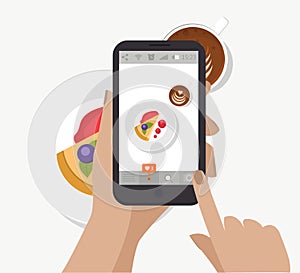 Hand holding smartphone, touching screen and taking food photography for social network. Vector. Making breakfast photo