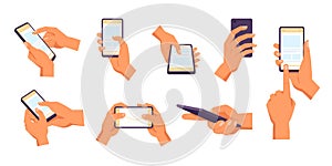 Hand holding smartphone. Vector gestures use