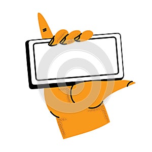 Hand holding smartphone. Vector icon of people hold smartphone or using touch gestures for mobile phone while reading