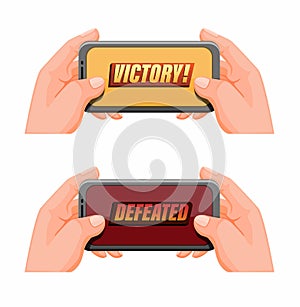 Hand holding smartphone with victory and defeated pop up icon set, mobile gaming esport symbol in cartoon illustration vector