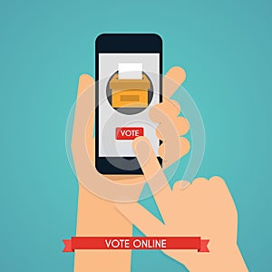 Hand holding smartphone with voting app on the screen. Communication Systems and Technologies.