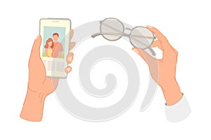 Hand Holding Smartphone Watching Photo and Glasses Vector Set