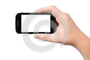 Hand holding smartphone with white screen