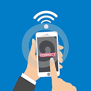 Hand holding smartphone with wifi wireless connection business concept illustration