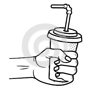 Hand holding soda paper cup black and white