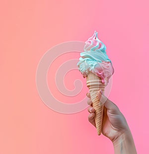 Hand holding a soft ice cream cone against pastel coral background.