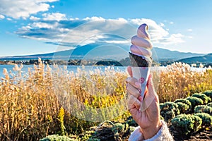 Hand holding soft serve ice cream at Lake Kawaguchiko with Mount Fuji in the background is a popular landmark