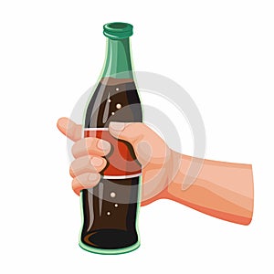 Hand holding Softdrink Cola, Soda drink in Glass Bottle Cartoon Realistic illustration Vector on white Background