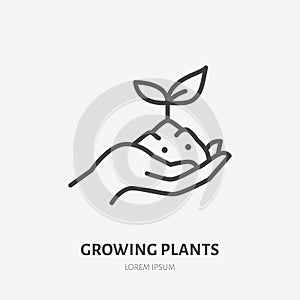 Hand holding soil with plant flat line icon. Vector thin sign of environment protection, ecology concept logo