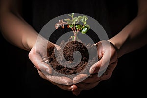 hand holding soil with a sprouting seed inside