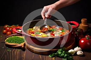 hand holding soup ladle getting ready to serve minestrone