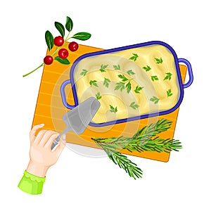 Hand Holding Spatula and Baked Spiced Pudding in Casserole Dish as Festive Christmas Meal Vector Illustration