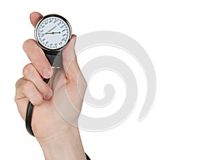 Hand holding a sphygmomanometer isolated on white