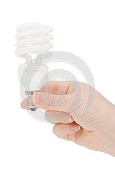 Hand holding spiral-shaped fluorescent lamp