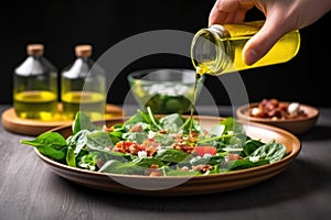 hand holding a spoon pouring olive oil over a spinach and bacon salad