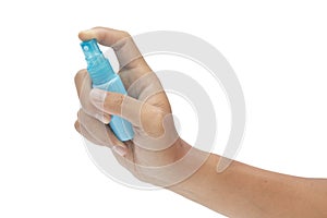 Hand holding spray bottle isolated on white background - clipping paths