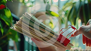 The stack of organized documents. AI generated