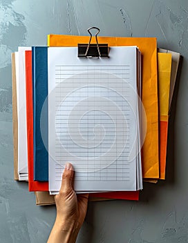 Hand Holding a Stack of Paperwork and Folders