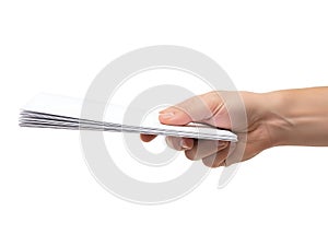 Hand holding a stack of white paper sheets