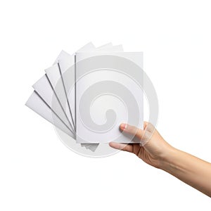 Hand holding stack of white paper sheets