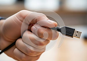 A hand holding a standard USB Type-A cable. The connector is black