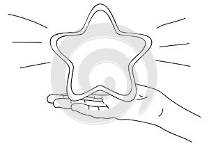 Hand holding star. High reward, status good quality. Ranking star icon. Bonus points, loyalty program. Discount symbol