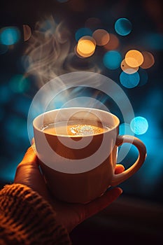 Hand holding a steaming cup of coffee