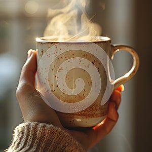 Hand holding a steaming cup of coffee