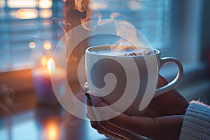 Hand holding a steaming cup of coffee