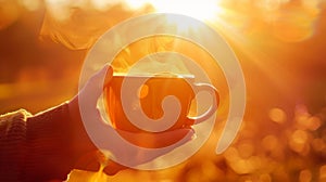Hand holding a steaming cup in sunlight