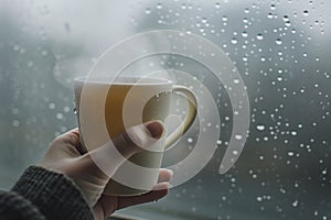 hand holding a steamy cup near a foggy window with raindrops