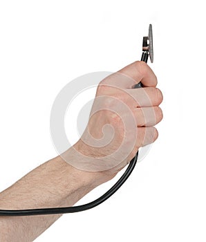 Hand holding a stethoscope isolated on white