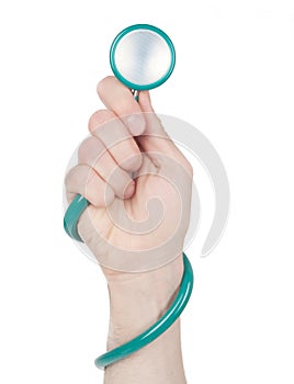 Hand holding a stethoscope isolated on white