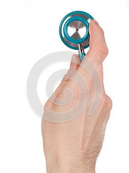 Hand holding a stethoscope isolated on white