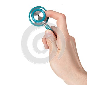 Hand holding a stethoscope isolated on white