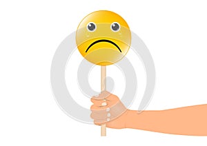 Hand holding stick with sad face sign vector illustration