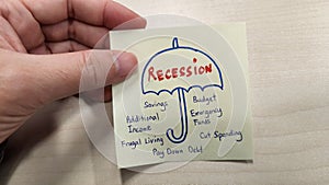 Hand holding a sticky note showing the word Recession and tips to survive recession
