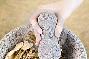 Hand holding stone pestle in bowl filled with Chinese Herbs