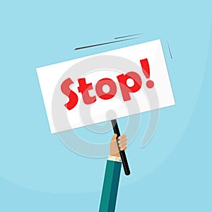 Hand holding stop placard vector illustration, concept of protest signboard