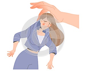 Hand Holding Stressed Woman Character Feeling Sadness and Loneliness Vector Illustration