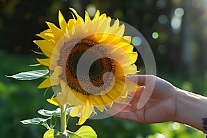 hand holding a sunflower with sunlight glinting off petals