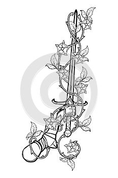 Hand holding a sword decorated with rose garland. Black and white drawing isolated on white background.