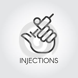 Hand holding syringe with injection line icon. Medical symbol, vaccination, treatment, cosmetology, botox concept