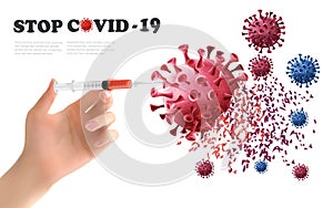 Hand holding syringe with vaccine destroying virus COVID - 19 molecule. Stop Coranavirus concept background. photo