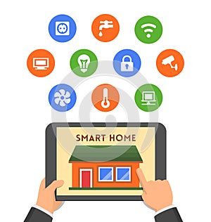 Hand holding tablet with app for smart house control system of lighting, ventilation, air conditioning etc.