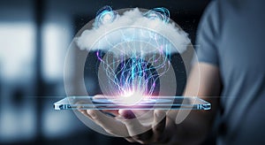 Hand Holding Tablet with Cloud Computing and Data Visualization, Digital Technology
