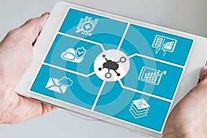 Hand holding tablet. Concept of cloud computing dashboard