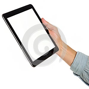 Hand holding tablet isolated on white background photo