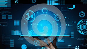 Hand Holding Tablet with Futuristic Digital Interface and Data Visualization Display in Blue Tones for Technology and