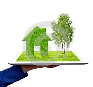 Hand holding a tablet with green house and tree